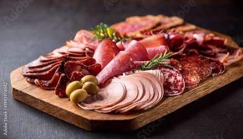 cold cut sliced deli meats on charcuterie board