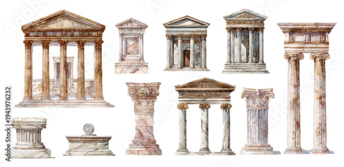Greek watercolor illustrations featuring ancient columns, Roman temples, and classical architecture. Museum-quality antique designs with Mediterranean cultural elements.