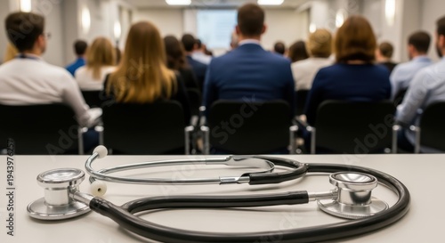 A stethoscope on a table in front of a group of people
