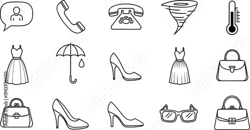 Lifestyle and Fashion Line Icon Set with Telephone, Tornado, Thermometer, Dress, Umbrella, High Heel Shoes, Handbag and Sunglasses Symbols