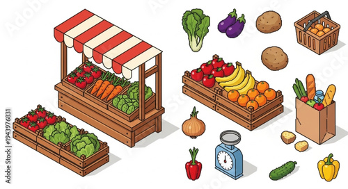 Vegetable and fruit market stand.