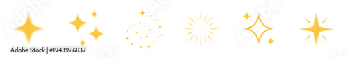 Vector set of yellow stipple sparkle icons in hand drawn dotwork style, golden shine and glitter symbols, decorative design elements for stickers, labels and print templates