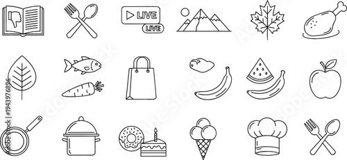 Minimal Food and Lifestyle Line Icon Set with Cooking Utensils, Fruits, Vegetables, Fish, Dessert, Chef Hat, Shopping Bag and Kitchen Symbols