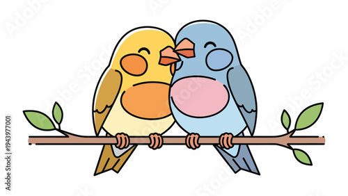 Lovebirds Perched on a Branch: Two cheerful lovebirds, perched on a sturdy branch adorned with fresh leaves, embrace in a moment of tender affection, embodying companionship and affection.