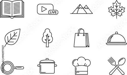Minimal Line Icon Set with Book, Live Video, Mountain, Leaf, Tree, Shopping Bag, Cooking Pot, Chef Hat and Restaurant Food Symbols