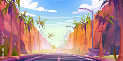 Road at tropical landscape with palms and rocks