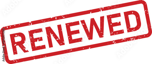 Distressed red rubber stamp displaying the word RENEWED on a clean white surface, signifying a fresh start