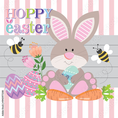 Hoppy Easter Bunny with Eggs and Carrots Illustration