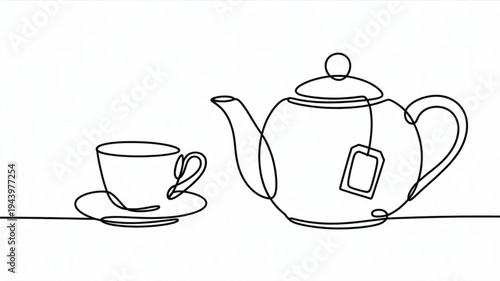 Tea time setup with teapot and cup on saucer simple line drawing black and white