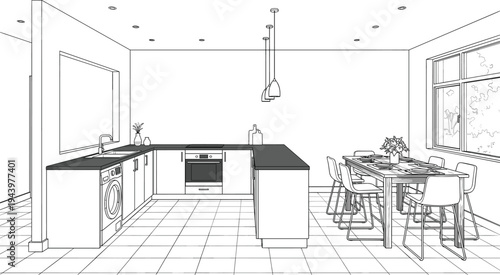 Spacious interior perspective of a modern open-plan kitchen and dining area featuring a U-shaped layout, integrated laundry, and dining table.