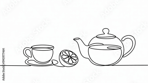 Tea time still life with lemon teapot and cup on a table