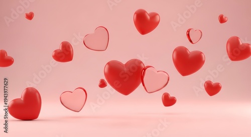 Red Hearts Floating in Pink Background.