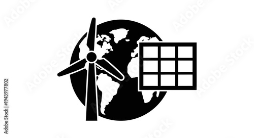 Global renewable energy sources illustration with wind turbine and solar panel.