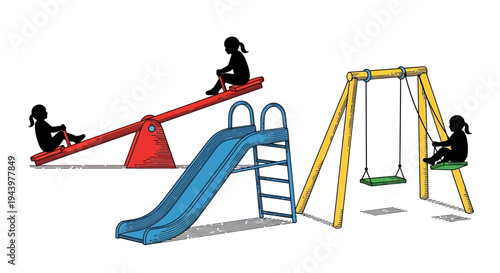 Children playing on colorful playground equipment.