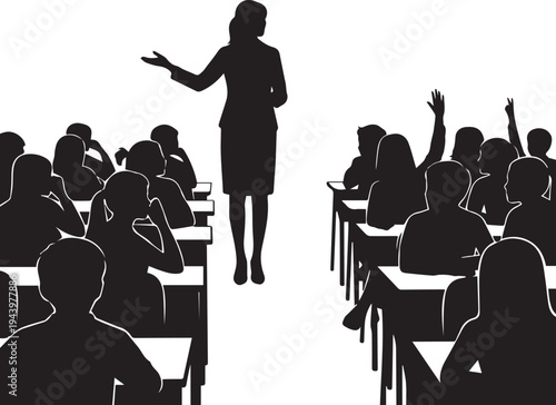 Teacher leading lecture with students, silhouette vector illustration of line art classroom