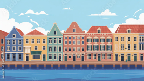 Colorful buildings line the waterfront on a sunny day with blue sky and fluffy white clouds