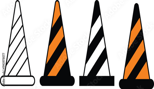 Set of four traffic cone icons in black and orange striped safety design isolated on white background, construction warning symbol collection for road work signage