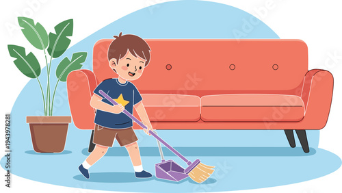 Cute little boy cleaning the living room floor with a purple broom and dustpan near a red sofa and plant (20 words)