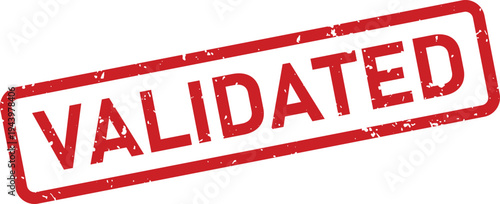 Prominent red VALIDATED text within a grunge textured rectangular stamp on a clean white surface