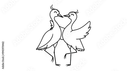 Love Birds' Embrace: Two birds stand close, their forms are etched with delicate lines, depicting an intimate embrace, and their closeness suggests a connection of affection and partnership.