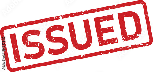 Red distressed rectangular rubber stamp with the word ISSUED on a clean white surface