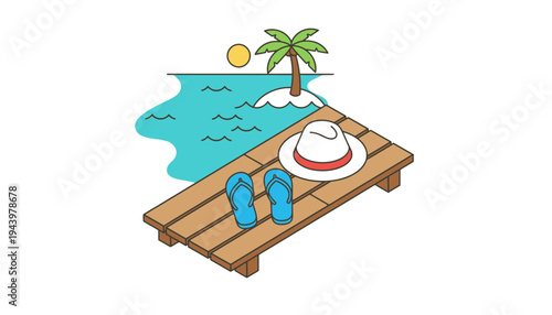 Beach hat vector illustration with flip flops on wooden dock
