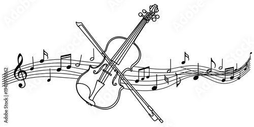 Violin music illustration, black white design, classical instrument motif artwork, orchestral notes symbol, treble clef decorative motif, musical staff artwork, flat vector drawing