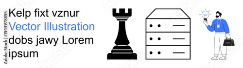 Strategy, technology infrastructure, innovation, teamwork, data solutions, business growth. Chess rook, server and businessman with lightbulb idea. s strategy and technology infrastructure concepts