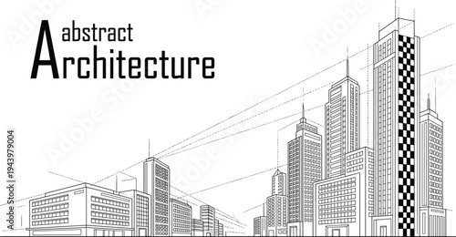 Futuristic architectural city skyline vector with flowing blue wave light trails and detailed black line art skyscraper buildings.