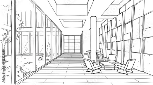 Technical one-point perspective sketch of a minimalist architectural lounge featuring rhythmic concrete panels, a glass atrium, and contemporary seating.