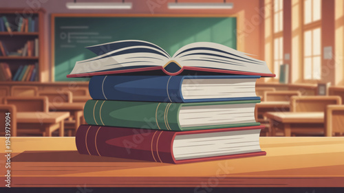 Stack of colorful books on a wooden desk in a classroom with a green chalkboard and windows