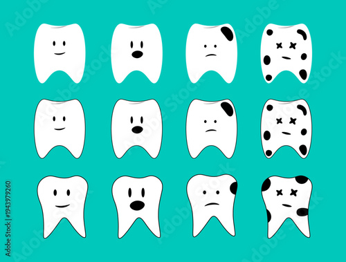Set of 12 tooth icons showing healthy to decayed teeth. Dental health vector illustration. 