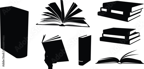 Book silhouettes, literature icons, education graphics, library collection, reading symbols, study materials, knowledge, learning, academic resources, vintage design, classic style, hand
