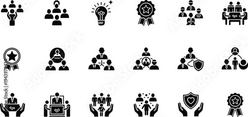 Teamwork icons, leadership symbols, innovation graphics, recognition badges, protection signs, collaboration silhouettes, business management, human resources, social services, corporate support, care