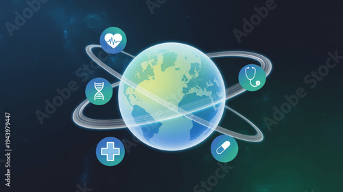 Global connectivity and technology concept with earth surrounded by orbiting icons representing communication data exchange and innovation in a futuristic digital environment