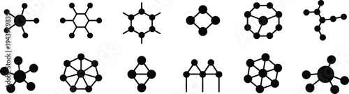 Black and white geometric dot and line connection diagrams with various structures dots lines