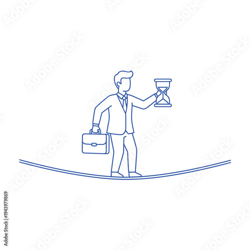 Businessman balancing on tightrope holding hourglass and briefcase.
