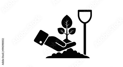 Hand holding a small plant seedling with a shovel nearby.