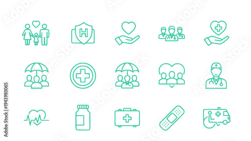 Medical support and health insurance icons including protection, hospital care, emergency, and healthcare services.