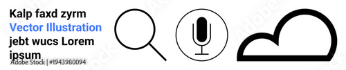 Search tools, voice recognition, data storage, digital applications, technology interface, and communication. Magnifying glass, microphone and cloud symbols. Search tools and voice recognition