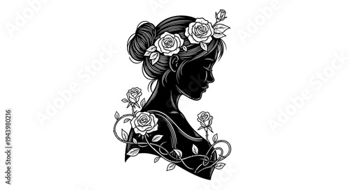 Woman with flowers in hair profile.