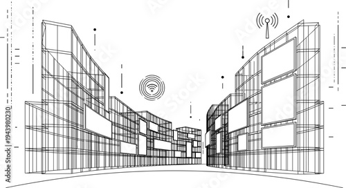 Immersive street-level perspective of a futuristic digital thoroughfare featuring wireframe architecture, smart-city iconography, and electronic display panels.