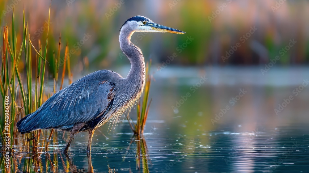 Naklejka premium Majestic great blue heron in tranquil wetland at dawn