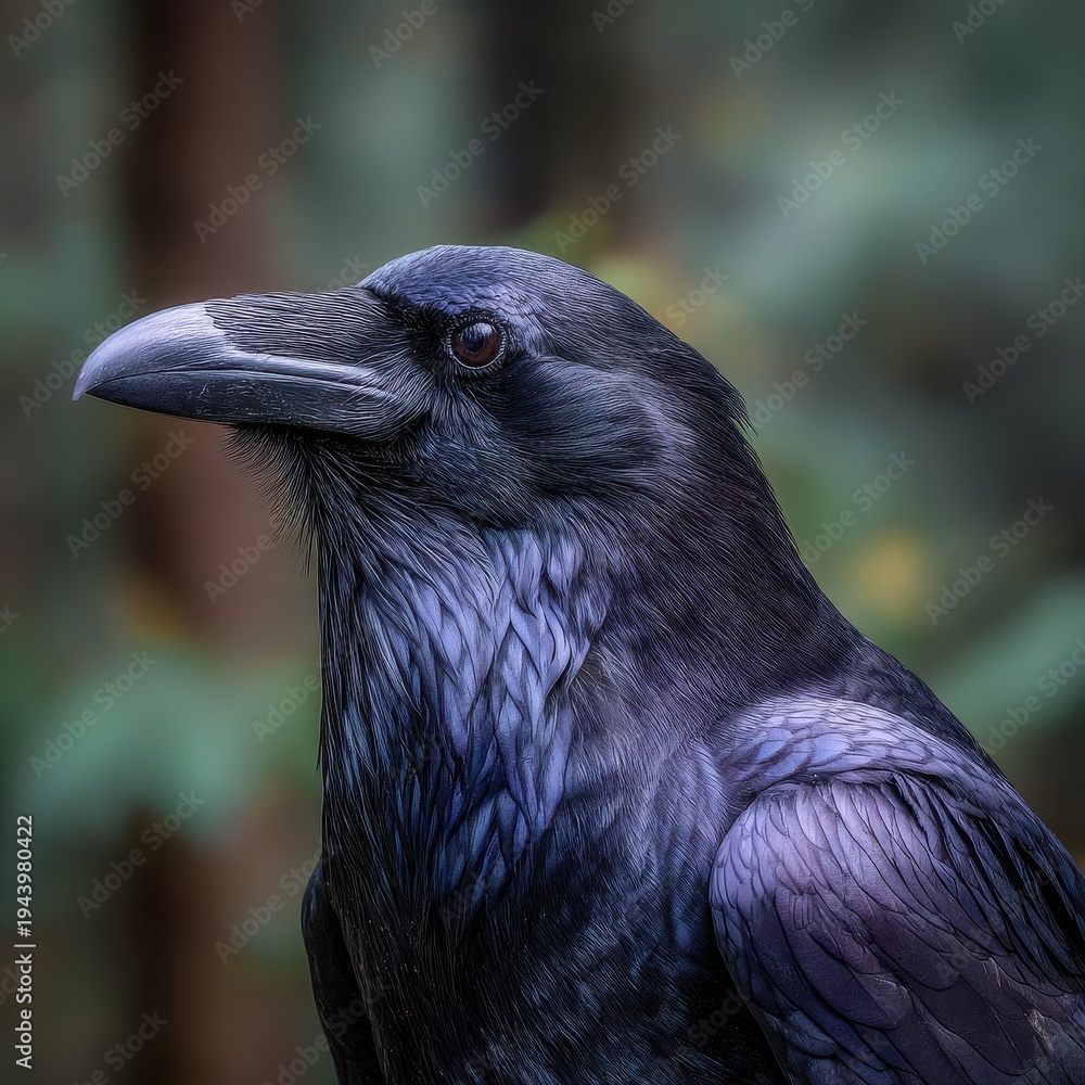 Naklejka premium Majestic raven headshot: detailed black feathers and intense gaze against a natural woodland backdrop