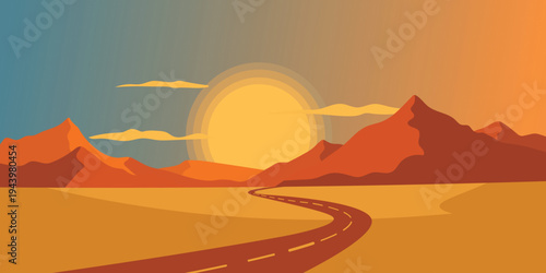 Modern vector desert landscape with winding road leading toward mountains and sunset horizon. Minimal geometric illustration with warm gradient colors, ideal for travel graphics, posters, banners, 