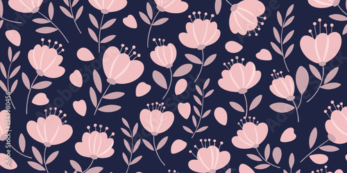 A beautiful floral pattern with pink flowers and leaves on a dark blue background