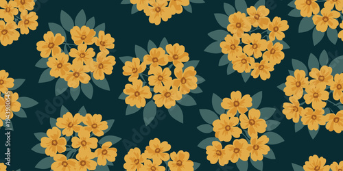 A vibrant floral pattern featuring clusters of yellow flowers and green leaves on a dark background.