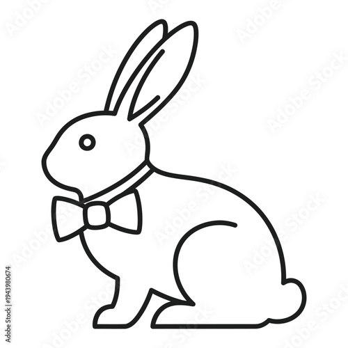 Cute cartoon rabbit wearing a bow tie, simple line art, isolated on white background.