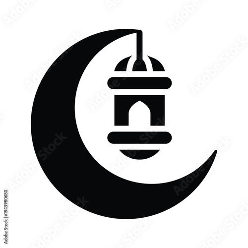 Stylized glyph icon of a lantern within a crescent moon, vibrant and modern.