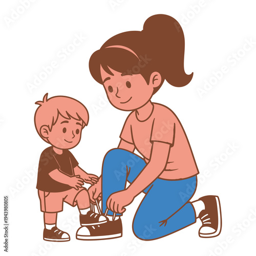 Mother tying shoelaces for her child, teaching and caring, family bonding, simple illustration.